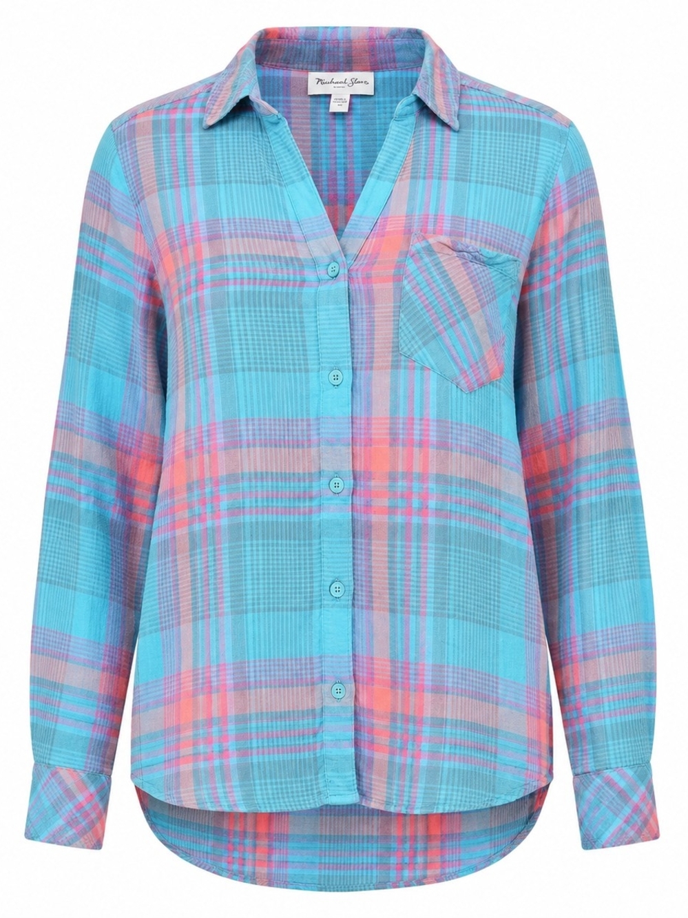 MICHAEL STARS | Plaid Flannel Button Down High Low Shirt Teal Pink Pocket | L